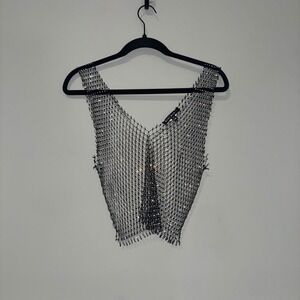 Blue Blush Black Rhinestone Mesh Crop‎ Top Sleeveless V-Neck Fishnet Festival S